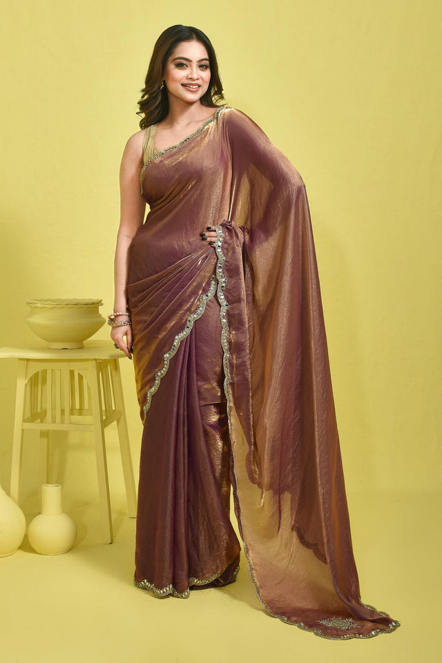 Violet Beads & Stone Embossed Satin Saree (RWTQQP6C3776)