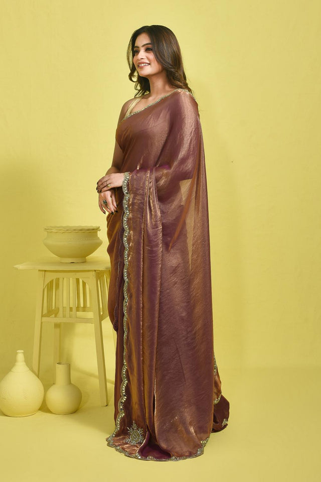 Violet Beads & Stone Embossed Satin Saree (RWTQQP6C3776)