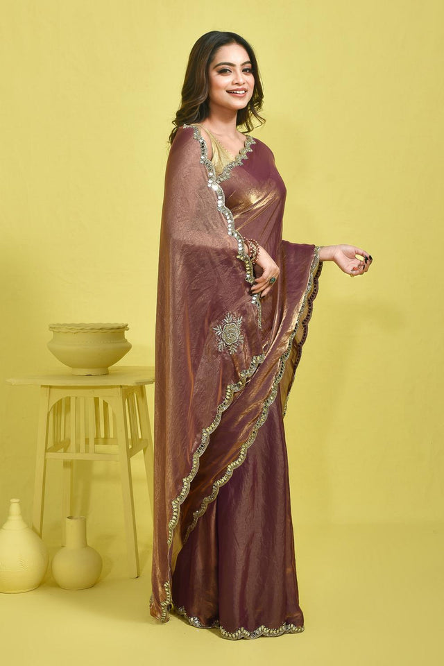 Violet Beads & Stone Embossed Satin Saree (RWTQQP6C3776)