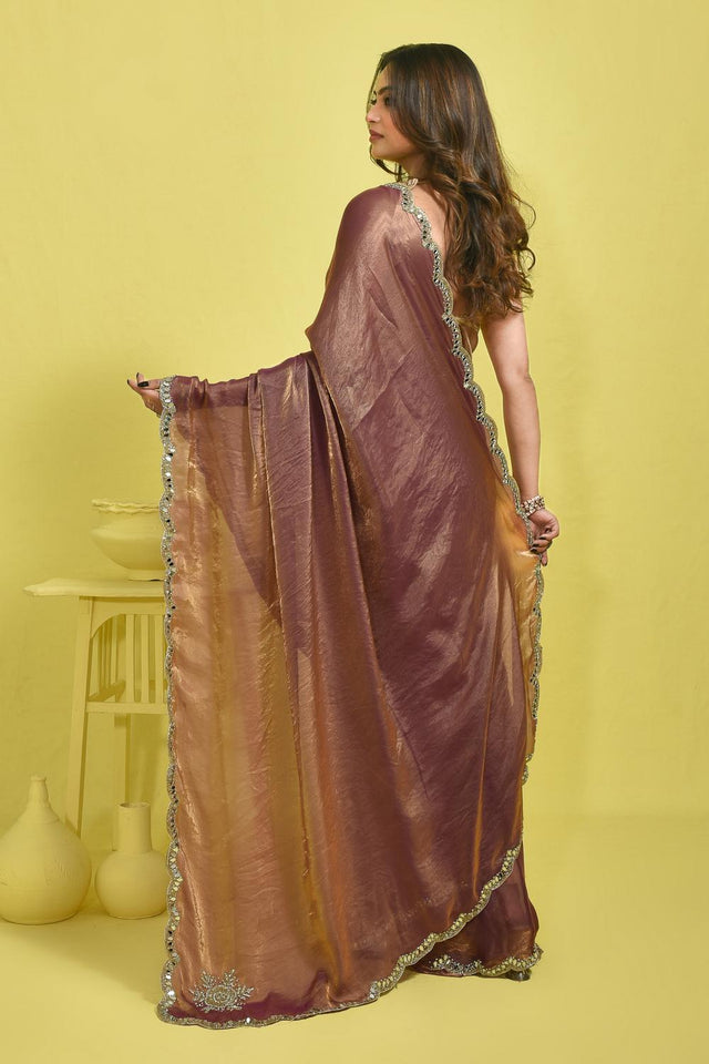 Violet Beads & Stone Embossed Satin Saree (RWTQQP6C3776)