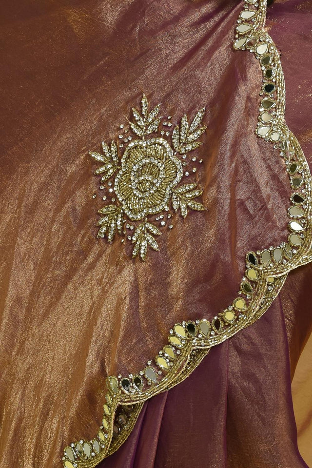 Violet Beads & Stone Embossed Satin Saree (RWTQQP6C3776)