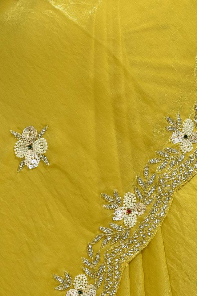 Yellow Beads & Stone Embossed Satin Saree (RWTYYZ6C3786)