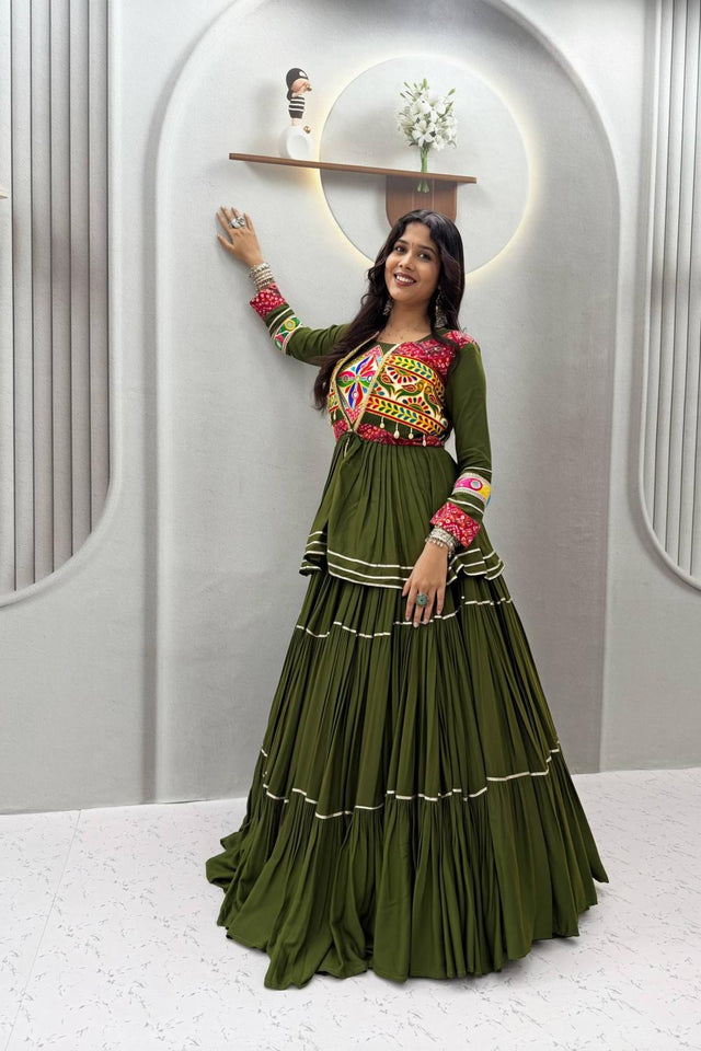 Mehendi Solid with Flared Cotton Lehenga (Ram -120- mahendi)