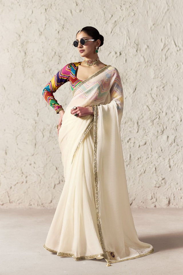 Off White Solid with Embroidered Border Tissue Saree (Rangat-2331)