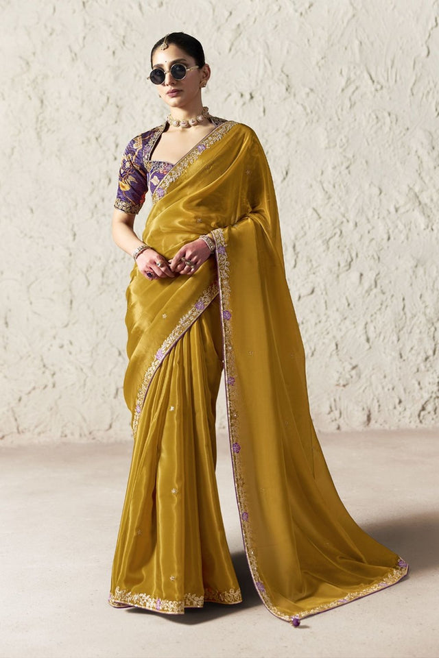 Mustard Solid with Embroidered Border Tissue Saree (Rangat-2332)