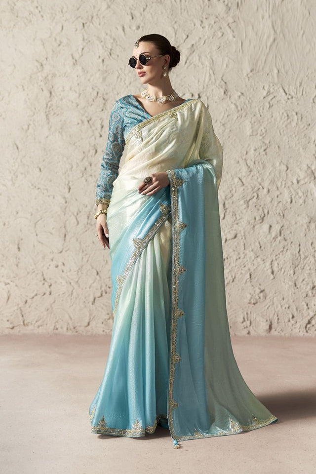Blue Solid with Embroidered Border Tissue Saree (Rangat-2333)