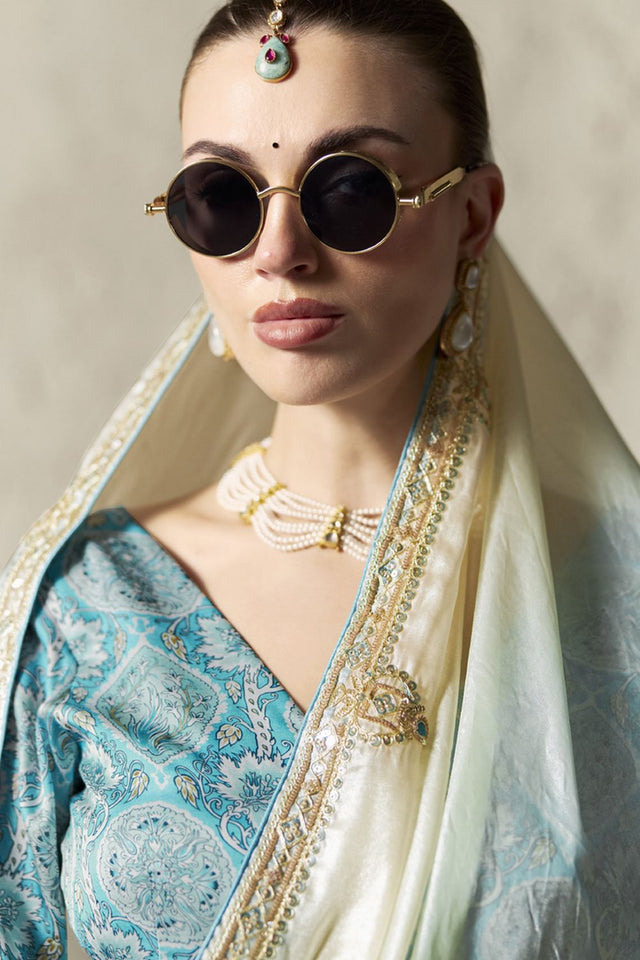 Blue Solid with Embroidered Border Tissue Saree (Rangat-2333)