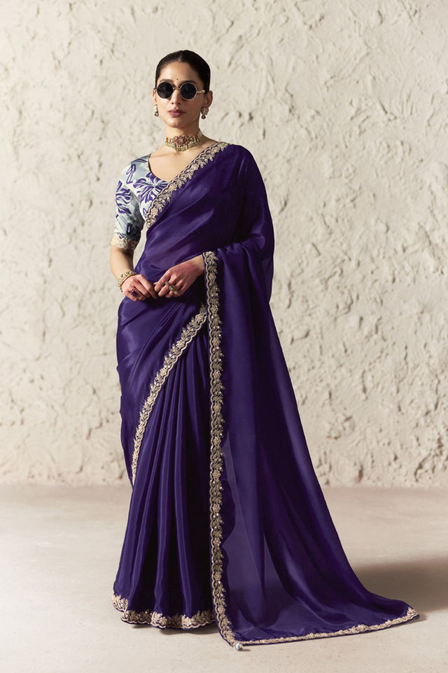 Purple Solid with Embroidered Border Tissue Saree (Rangat-2334)