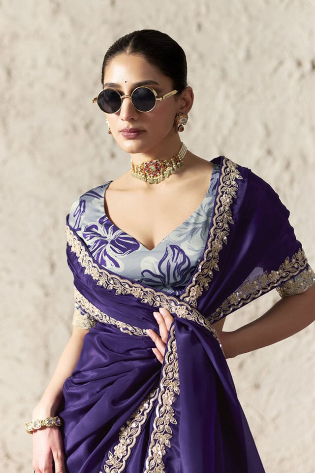 Purple Solid with Embroidered Border Tissue Saree (Rangat-2334)