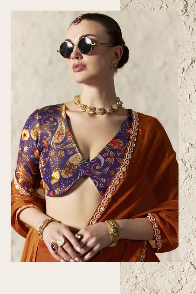 Rust Solid with Embroidered Border Tissue Saree (Rangat-2338)