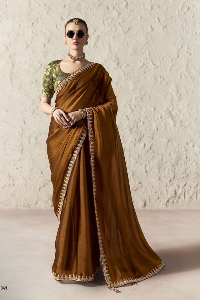 Brown Embroidered Tissue Saree (Rangat-2341)