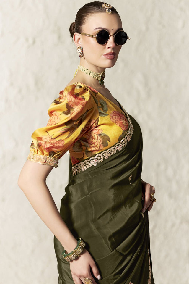 Mehendi Embroidered Tissue Saree (Rangat-2344)