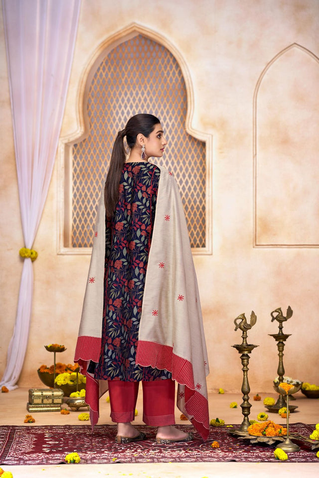 Navy Blue Floral Printed Modal Chanderi Straight Cut Suit Set