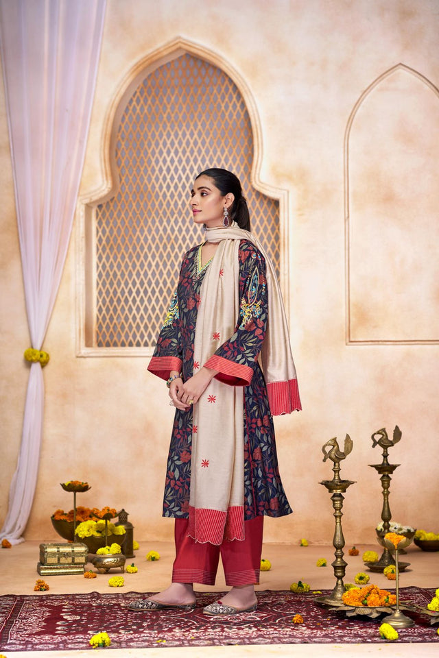 Navy Blue Floral Printed Modal Chanderi Straight Cut Suit Set