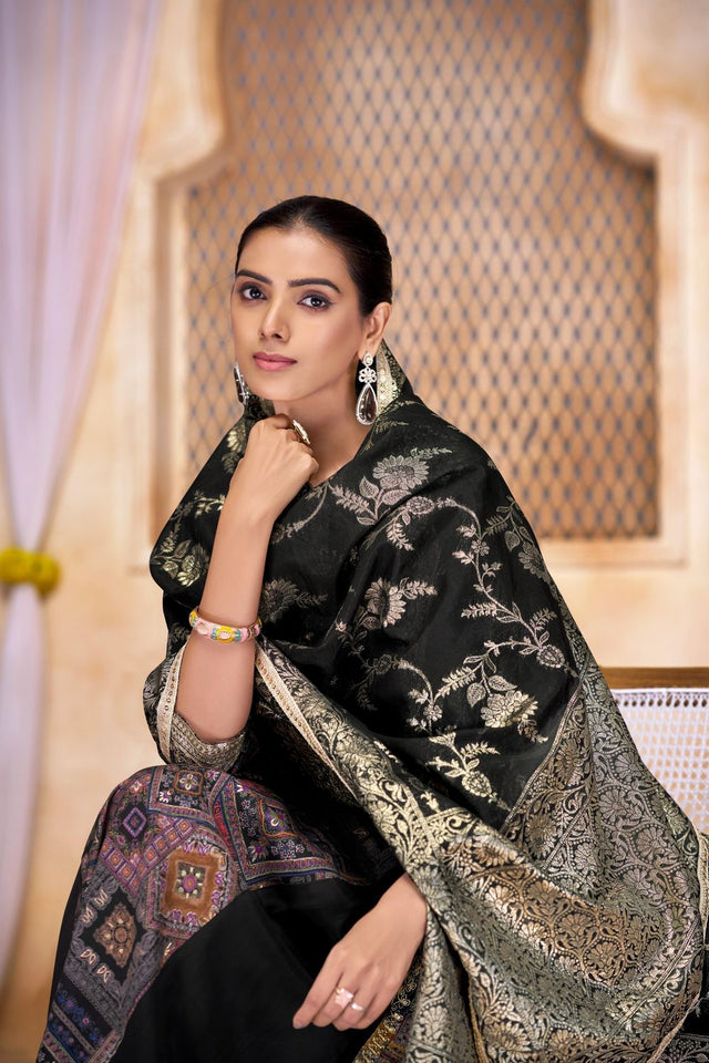 Black Printed Modal Chanderi Straight Cut Suit Set