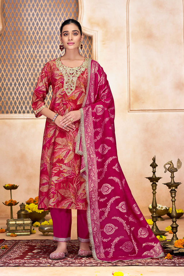 Pink Printed With Zari Work Modal Chanderi Straight Cut Suit Set