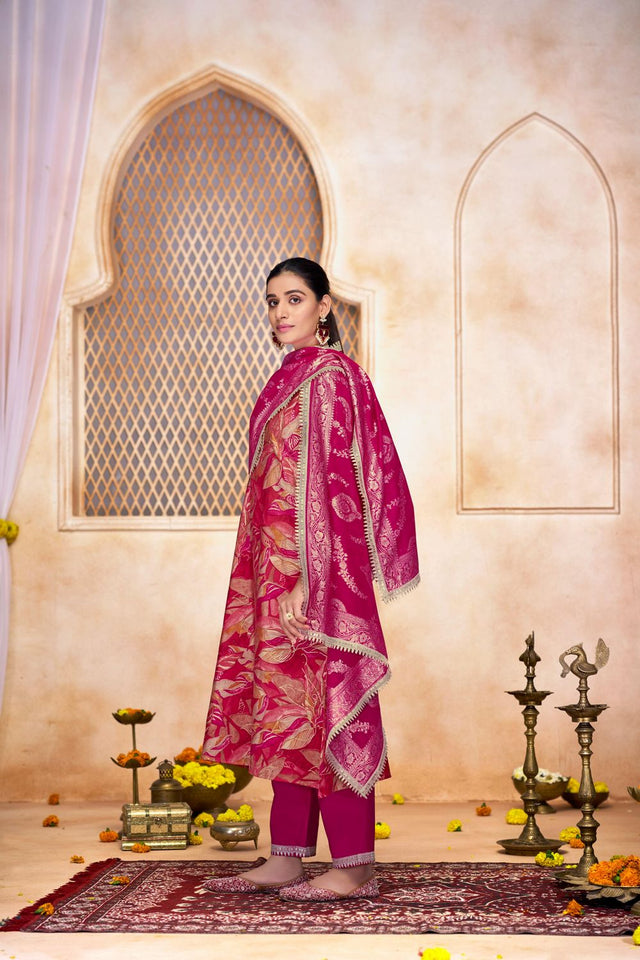 Pink Printed With Zari Work Modal Chanderi Straight Cut Suit Set