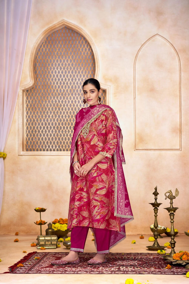 Pink Printed With Zari Work Modal Chanderi Straight Cut Suit Set