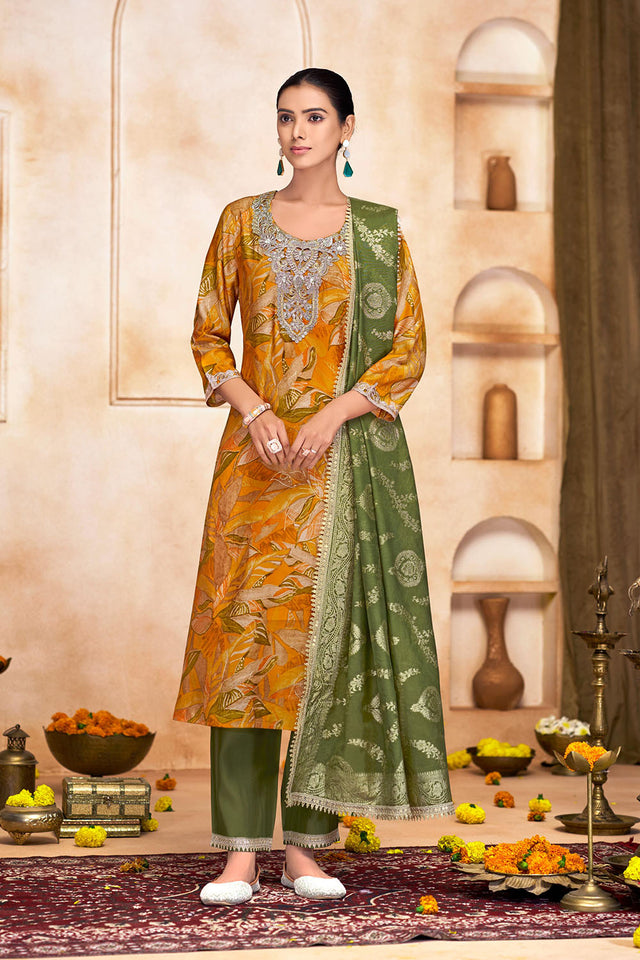 Mustard Printed With Zari Work Modal Chanderi Straight Cut Suit Set