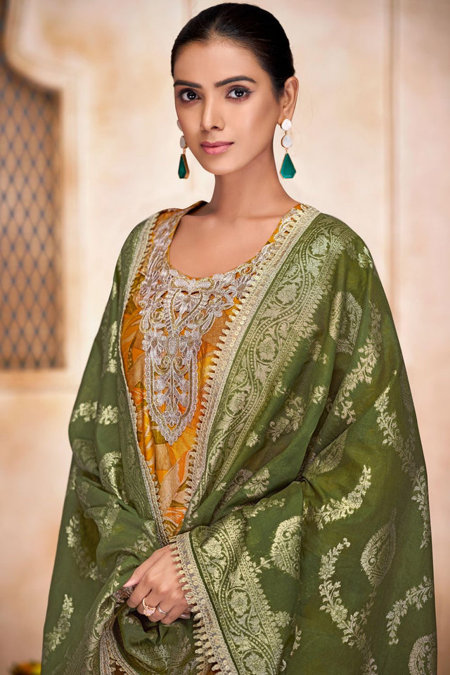 Mustard Printed With Zari Work Modal Chanderi Straight Cut Suit Set