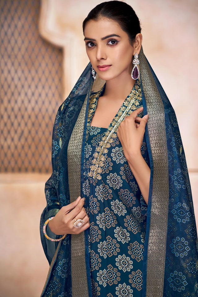 Blue Printed Modal Chanderi Straight Cut Suit Set