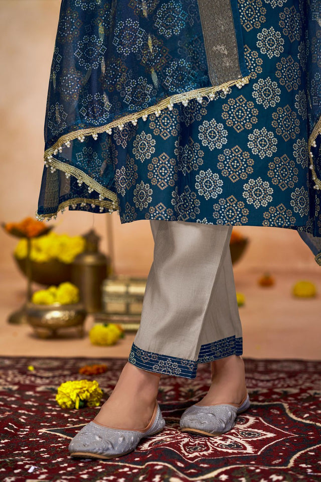 Blue Printed Modal Chanderi Straight Cut Suit Set