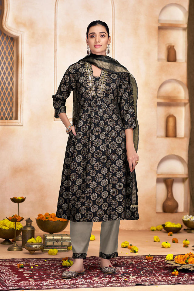 Black Printed Modal Chanderi Straight Cut Suit Set