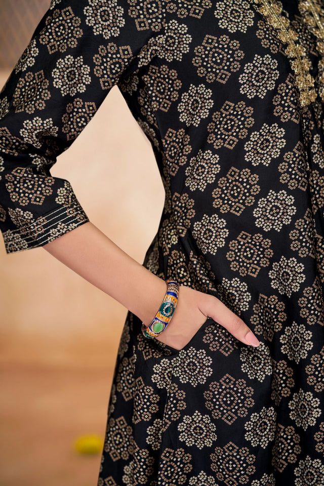 Black Printed Modal Chanderi Straight Cut Suit Set