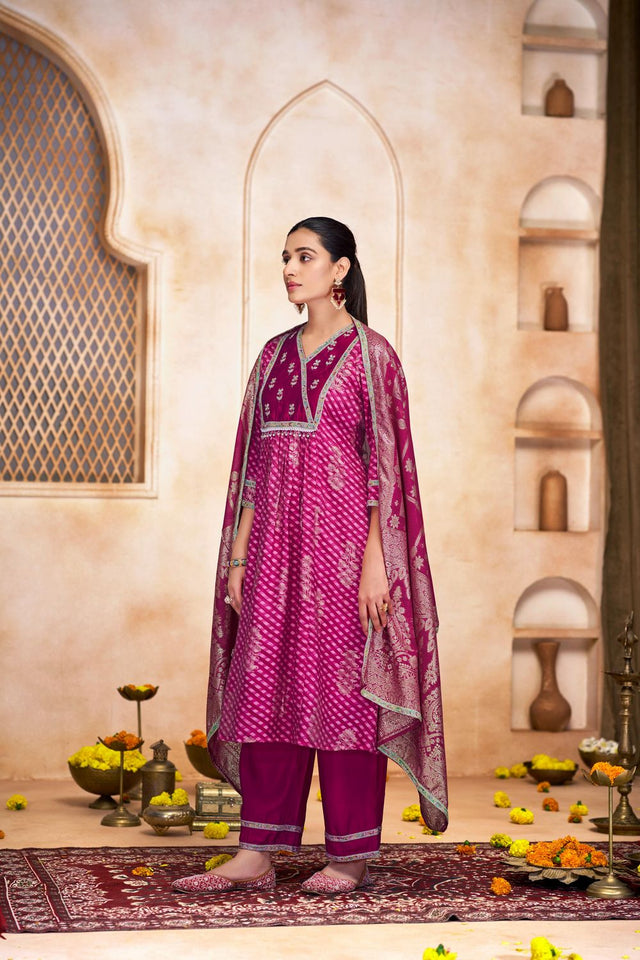 Pink Printed Modal Chanderi Straight Cut Suit Set