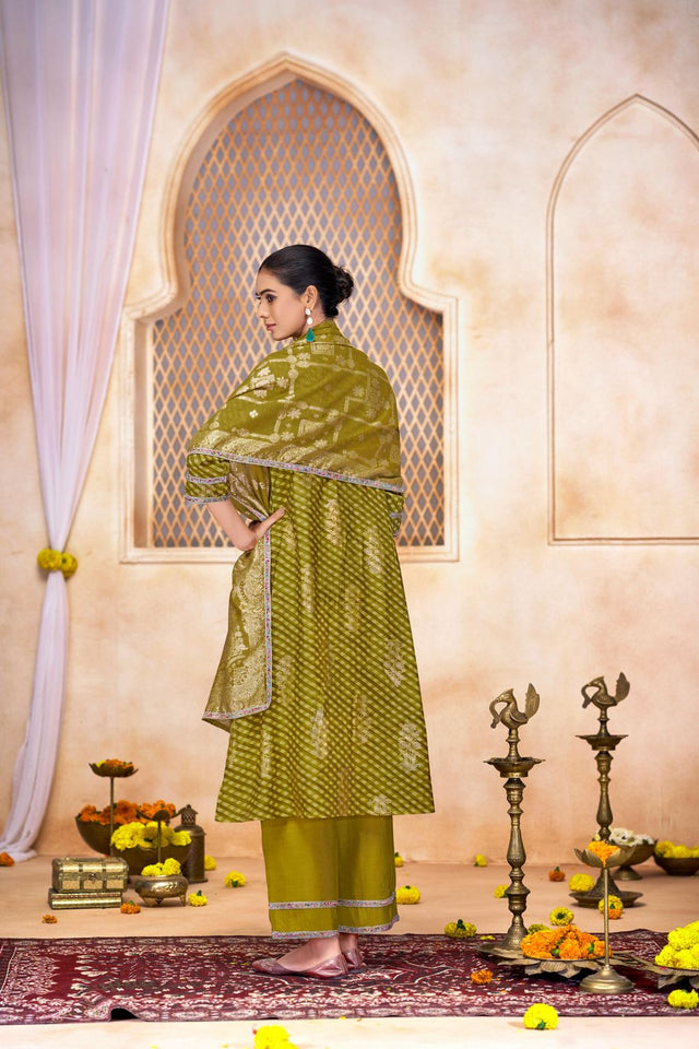 Green Printed Modal Chanderi Straight Cut Suit Set