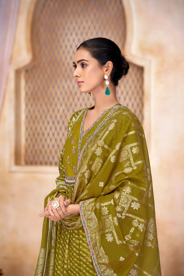 Green Printed Modal Chanderi Straight Cut Suit Set