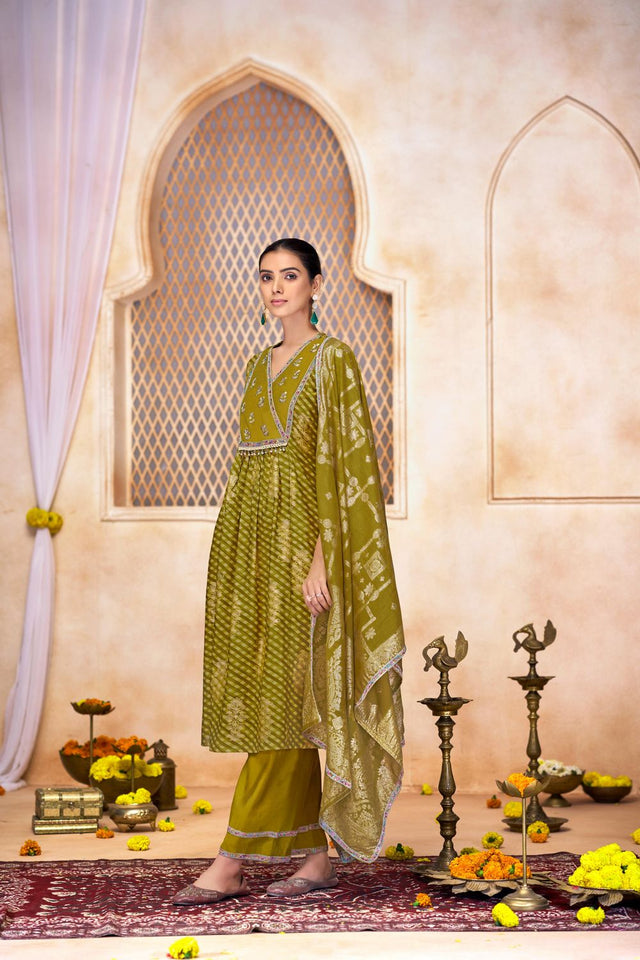 Green Printed Modal Chanderi Straight Cut Suit Set