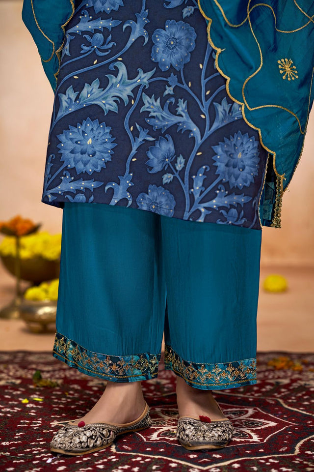 Navy Blue Floral Printed Modal Chanderi Straight Cut Suit Set