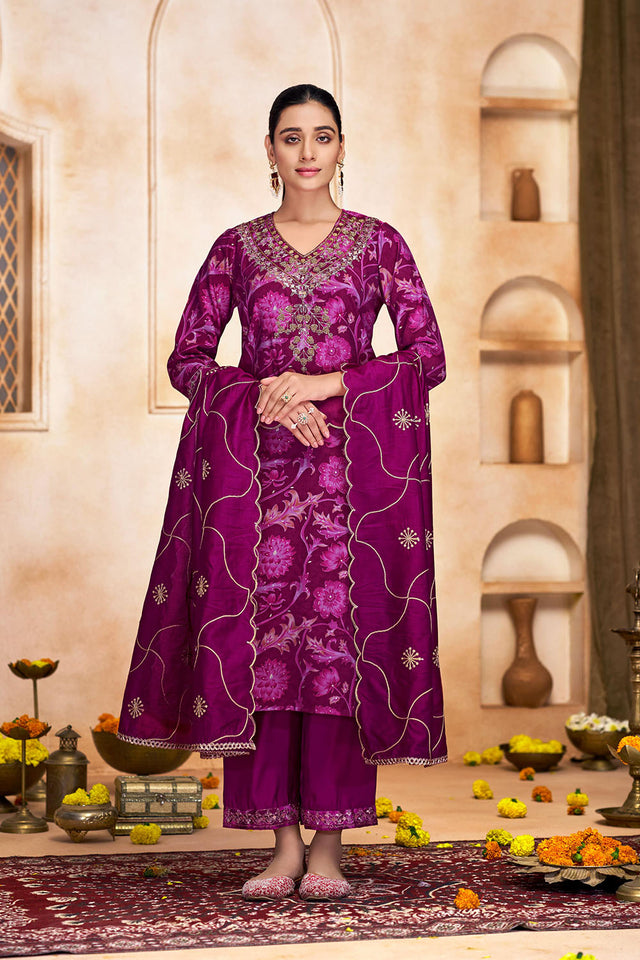 Pink Floral Printed Modal Chanderi Straight Cut Suit Set