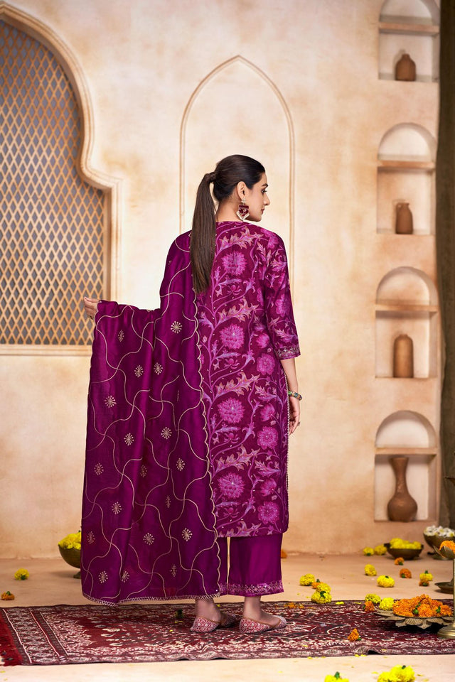 Pink Floral Printed Modal Chanderi Straight Cut Suit Set