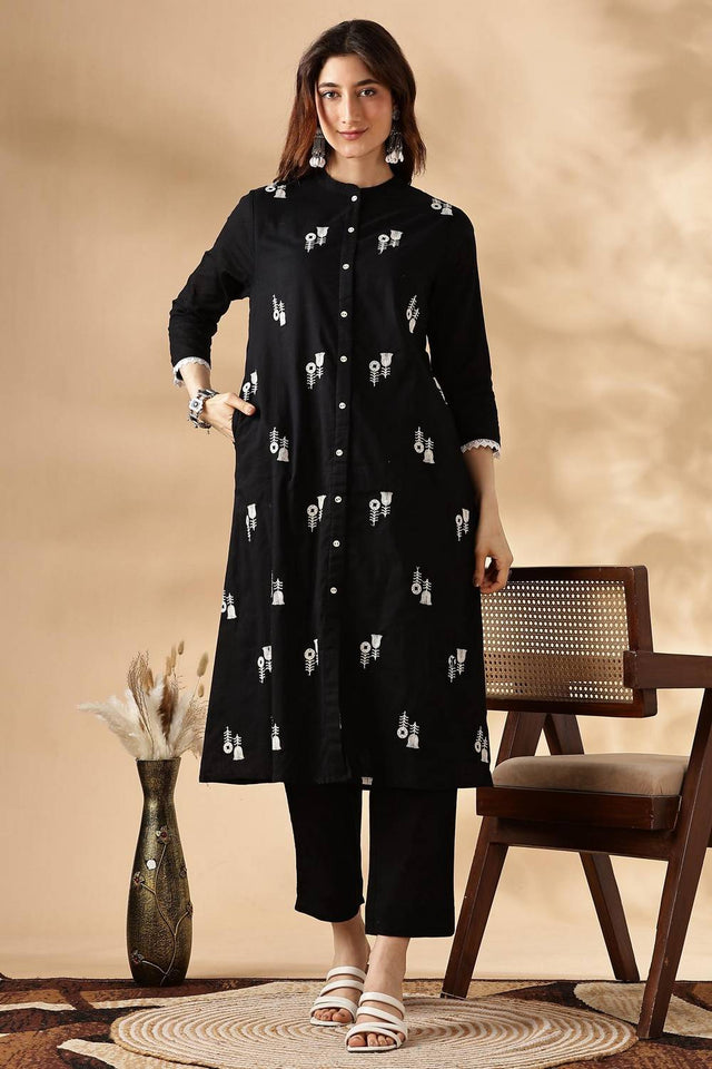 Black Embroidered Cotton Kurti Pant Set