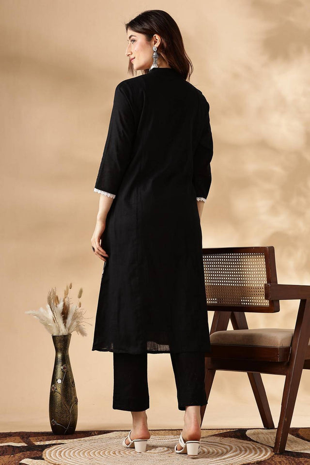 Black Embroidered Cotton Kurti Pant Set