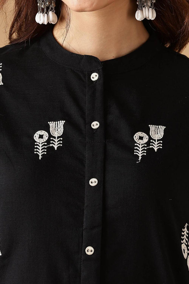Black Embroidered Cotton Kurti Pant Set