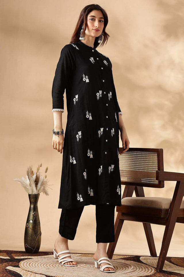 Black Embroidered Cotton Kurti Pant Set