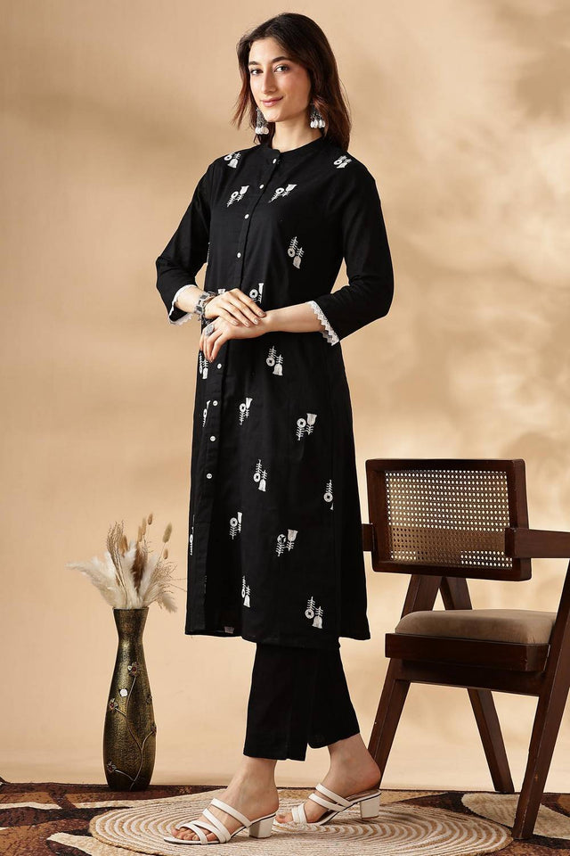 Black Embroidered Cotton Kurti Pant Set