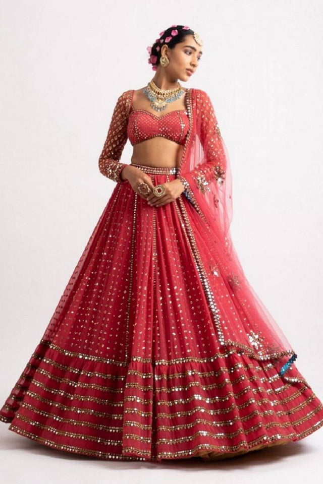 Red Gotta Patti Georgette Lehenga