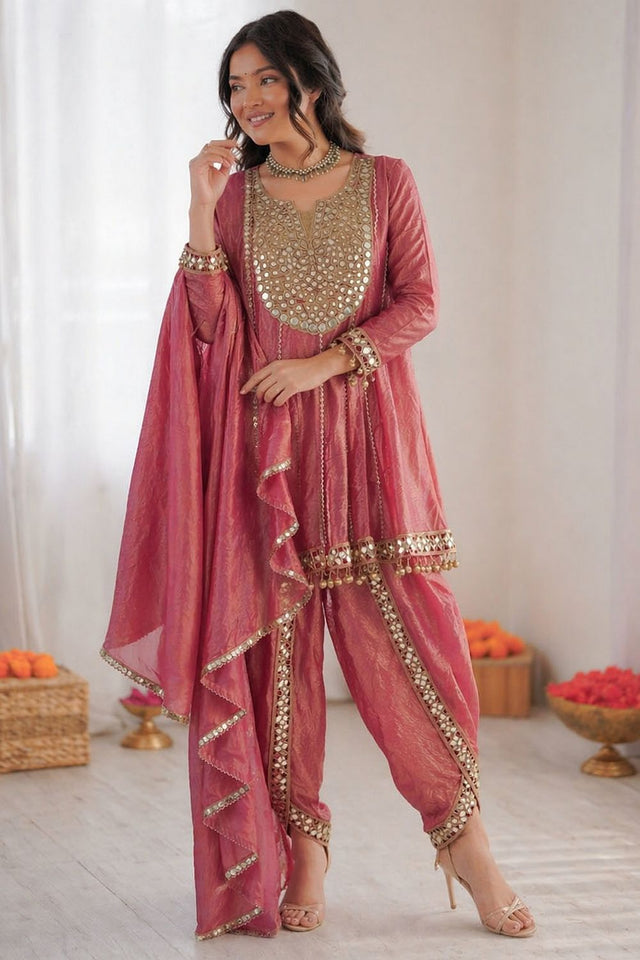Pink Mirror Sequin Art Silk Punjabi Suit Set (Rt-6017)