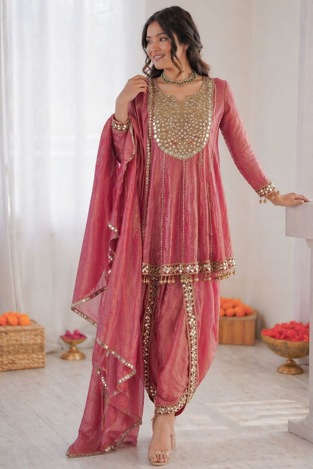 Pink Mirror Sequin Art Silk Punjabi Suit Set (Rt-6017)