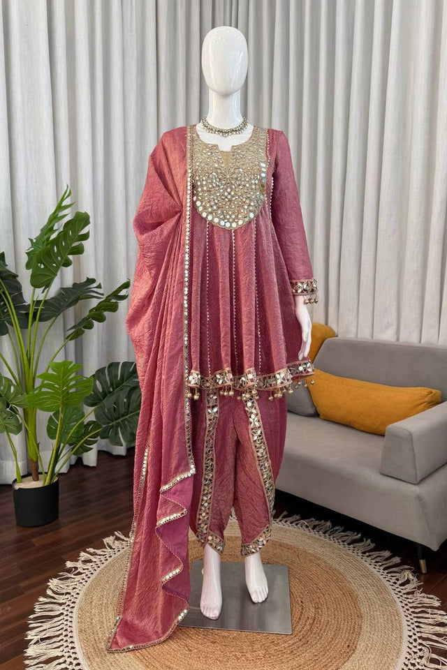 Pink Mirror Sequin Art Silk Punjabi Suit Set (Rt-6017)