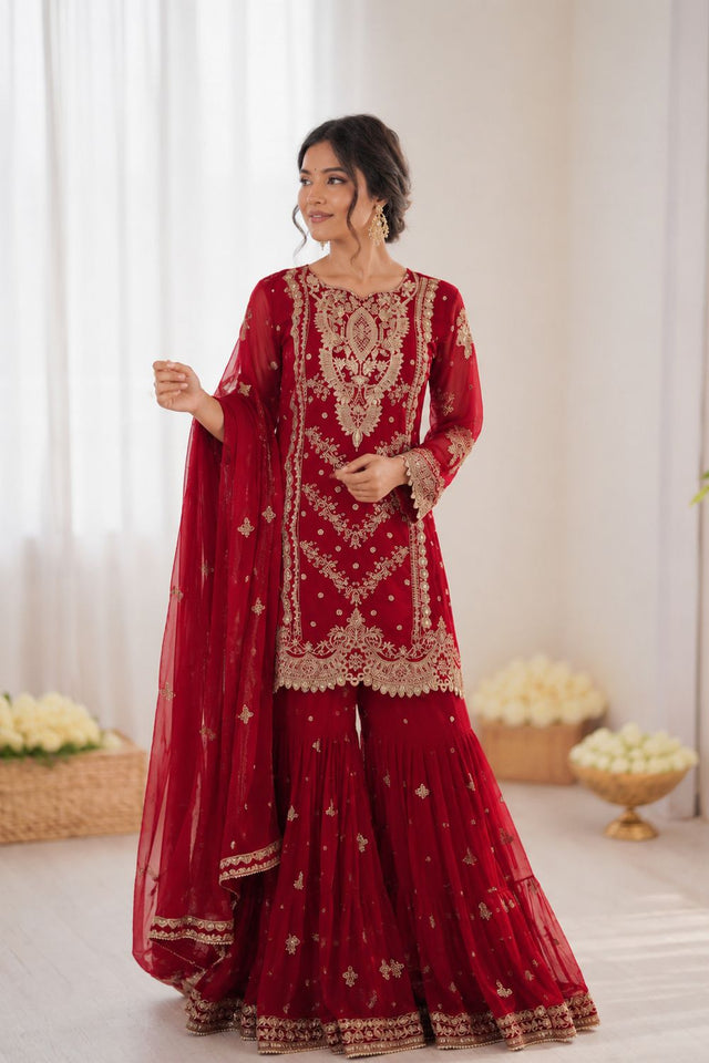 Red Embroidered Georgette Sharara Suit (Rt-6032)