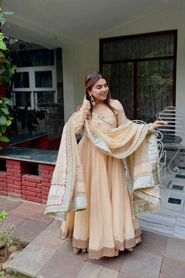 Cream Mirror Work Organza Anarkali Suit (Rt-6048-Cream)