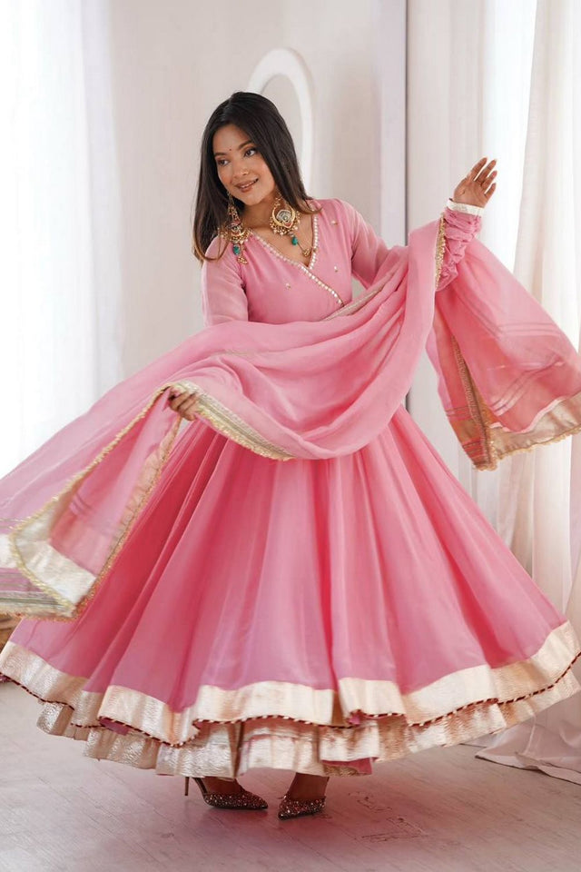 Pink Mirror Work Organza Anarkali Suit (Rt-6048-pink)