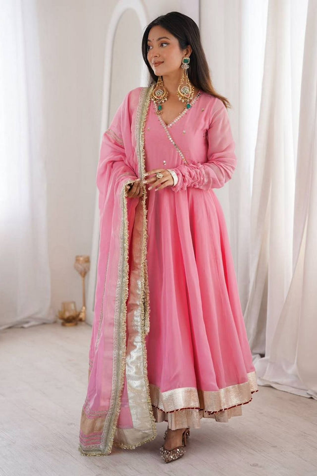 Pink Mirror Work Organza Anarkali Suit (Rt-6048-pink)