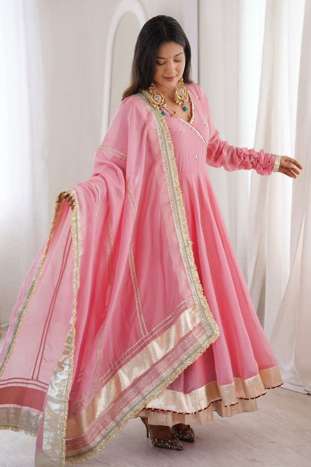 Pink Mirror Work Organza Anarkali Suit (Rt-6048-pink)