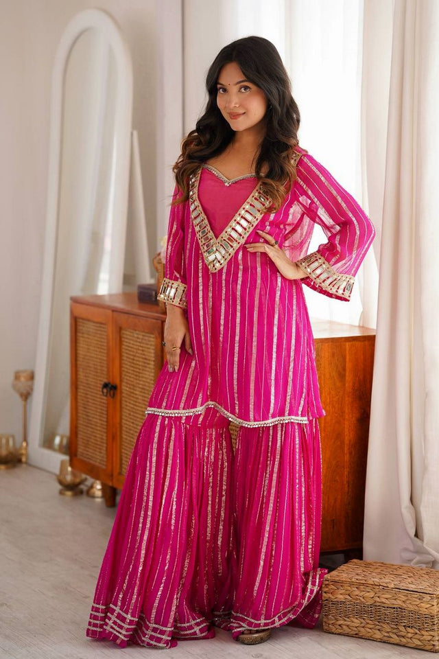 Pink Mirror Work Art Silk Sharara Suit (Rt-6068)